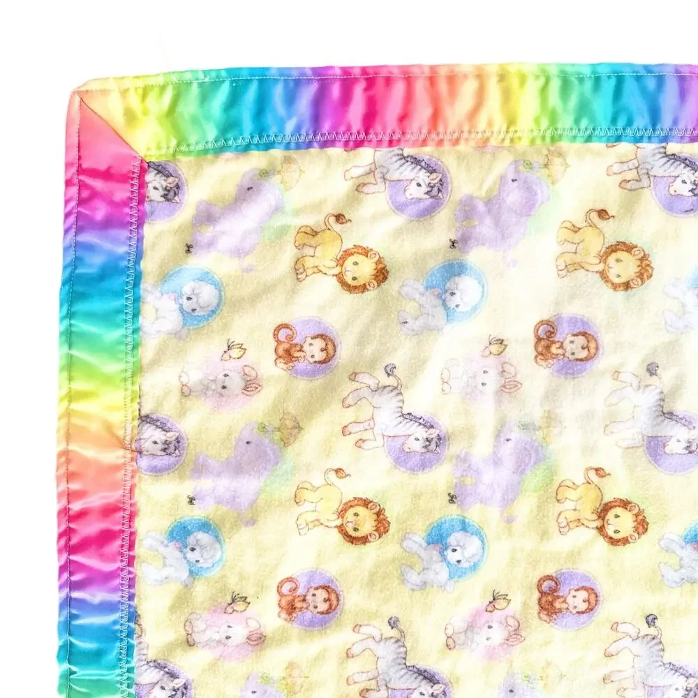 Vintage Handmade Precious Moments Animal Fleece Tie Dye Satin Trim Baby Blanket